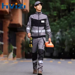 Safety Reflective Clothes Work Jacket and Pants Set Men Construction Multi Pockets Working Pants Jacket Suit Men Hi Vis Workwear