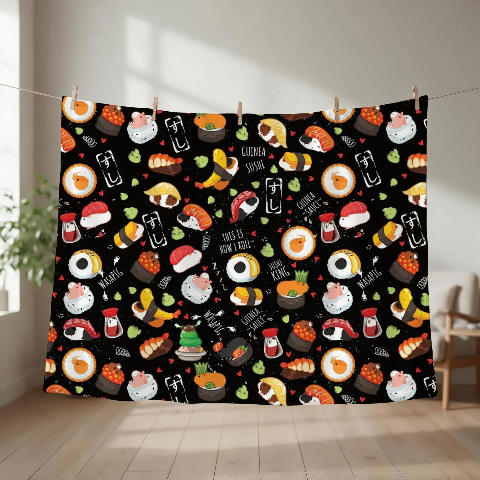 Japanese Guinea Pig Sushi - Black Background Throw Blanket
