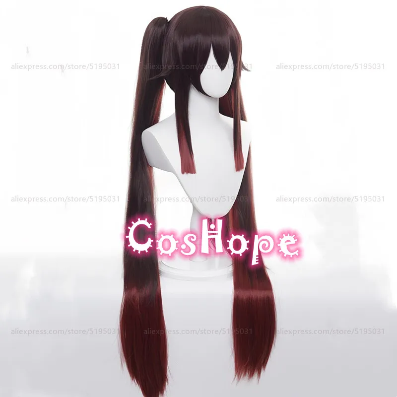 HuTao-Perruque Cosplay Synthétique avec Double Queue de Cheval pour Femme, Cheveux Longs, Brun Dégradé, Perruques Anime, Degré de Chaleur