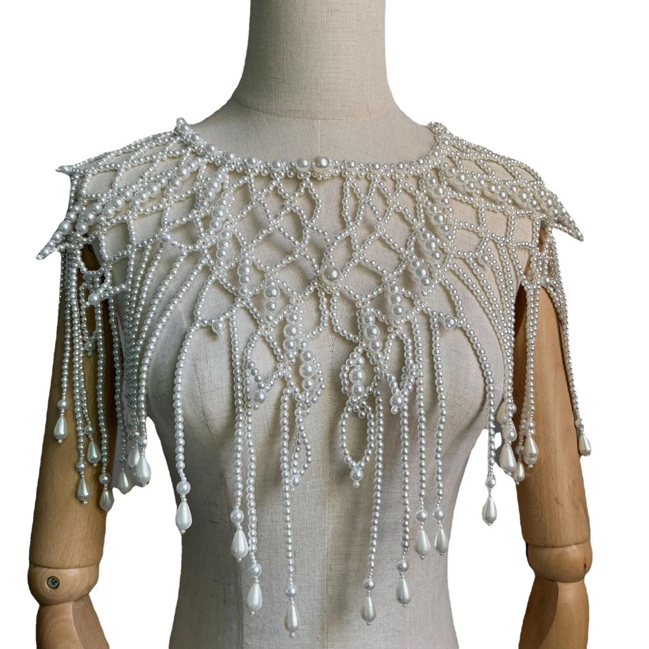 Wedding Pearl Shawl with Hollow Tassel Shoulder Chain Middle East Clothing Handmade Weaving Bridal Accessory
