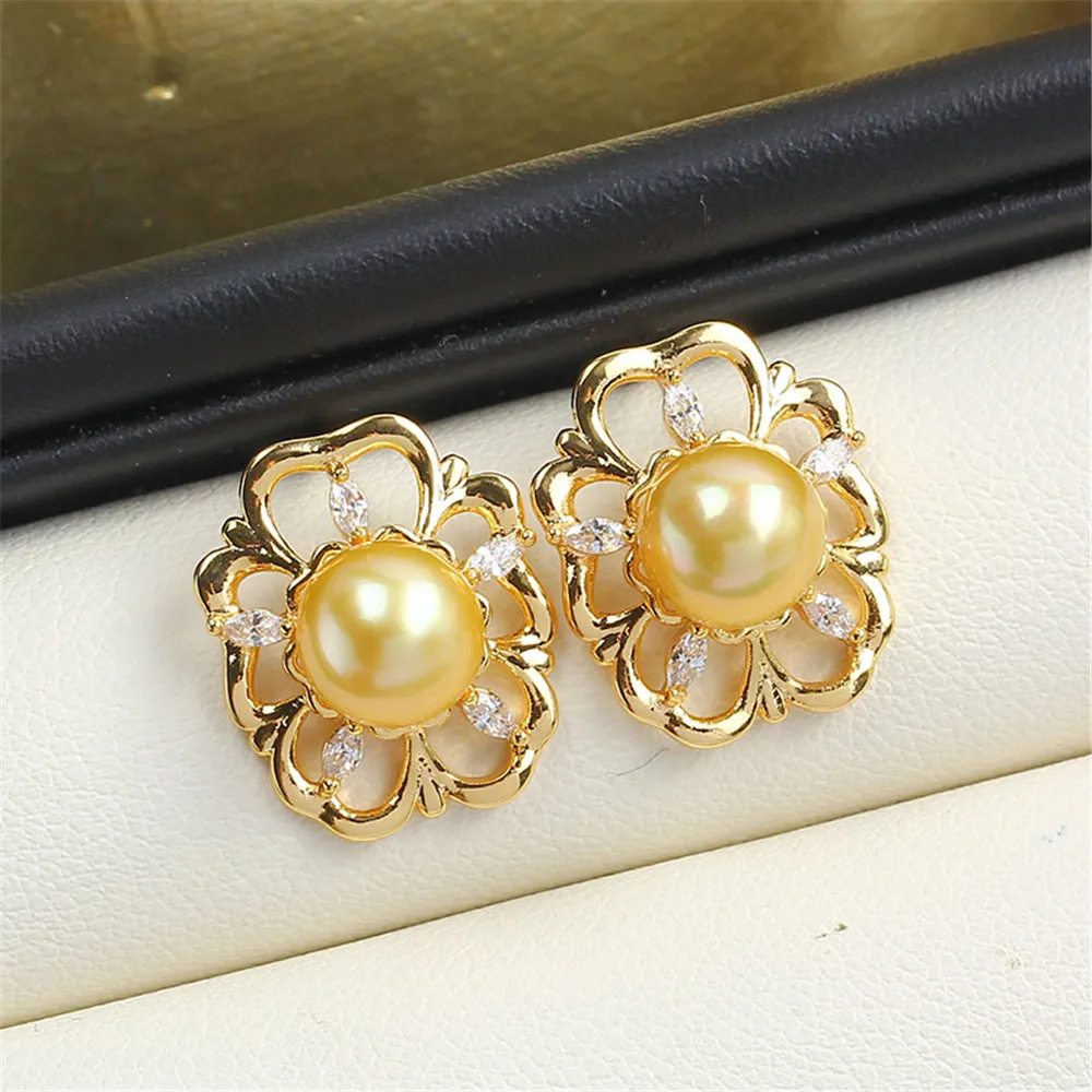 Flower Openwork Stud Earrings Hollow Bracket Copper Injection Gold Zircon Pearl Earrings S925 Silver Needle DIY Accessories Wome