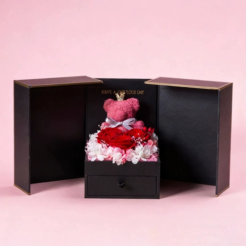 Rose Gift Box Black Double-Door Valentine's Day Flower Jewelry Box Cute Bear Flower Gift Box