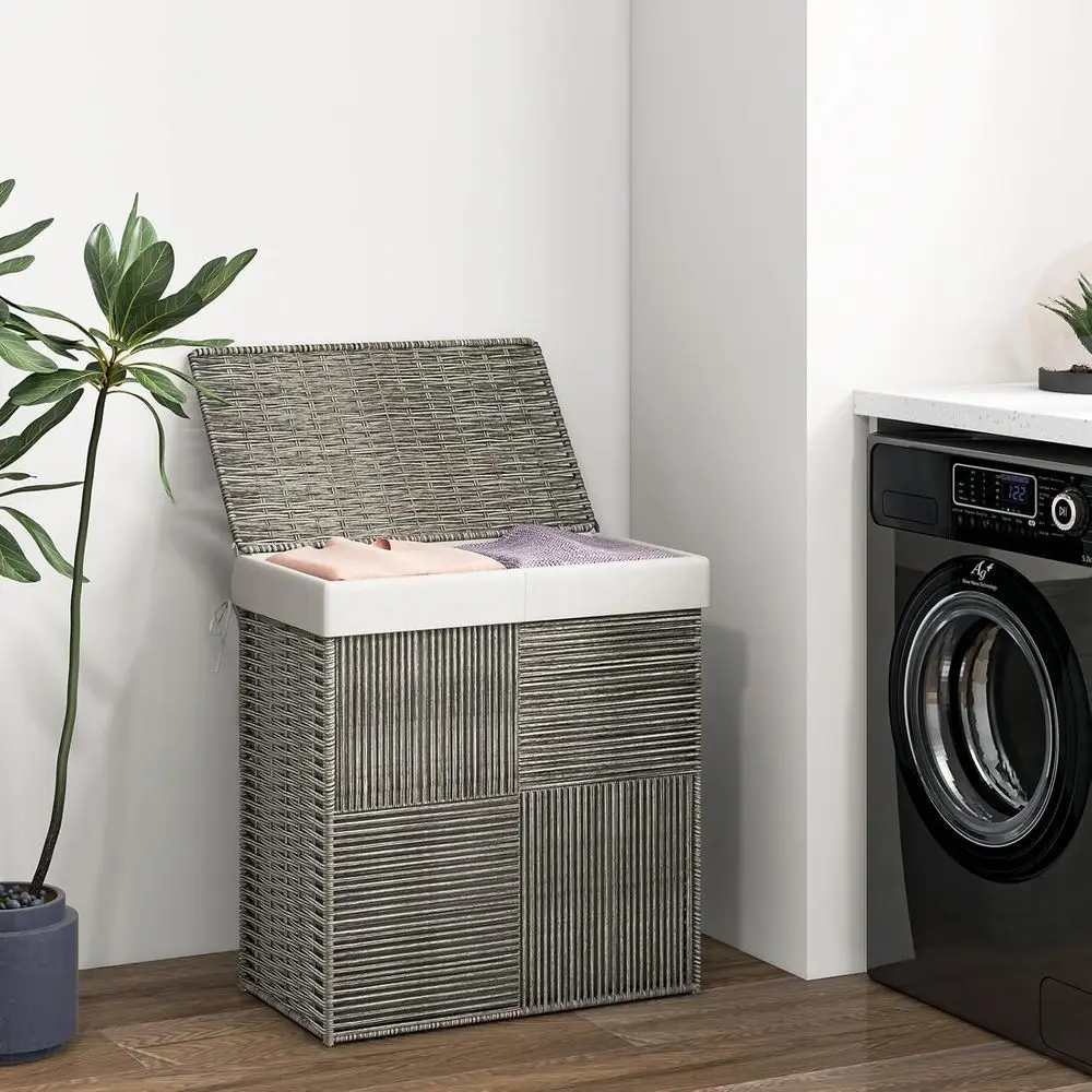 Laundry Hamper with Lid, 110L Divided Dirty Clothes Hamper with 2 Sections, Handwoven Rattan Laundry Basket with Removable & hin