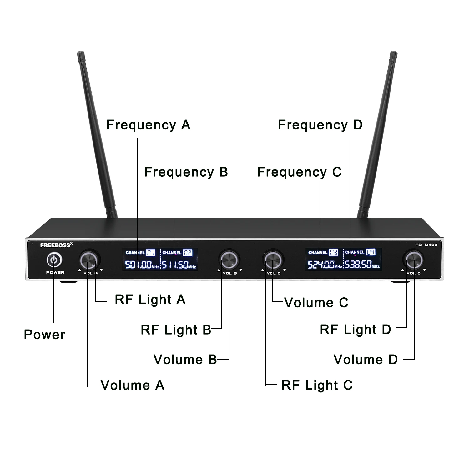 Freeboss FB-U400 Uhf Vaste Frequentie Karaoke Draadloze Microfoon Professionele 4 Draadloze Handheld Microfoon 4 Kanaals Draadloze