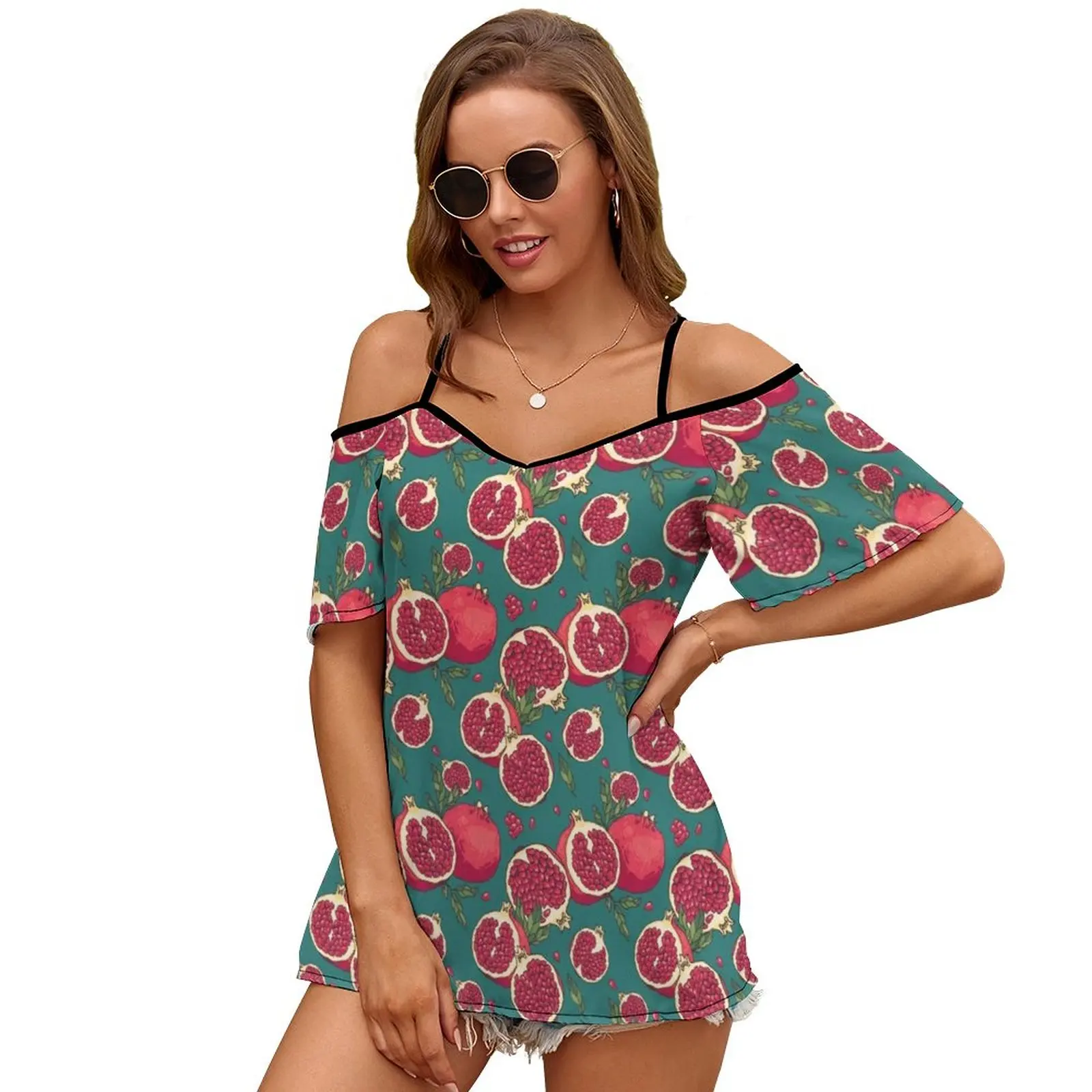 Pomegranate Fruits Sexy And Club Fashion Female T-Shirt Short Sleeve Off Shoulder Lady T Shirts Pomegranate Fruit Tree Leaf