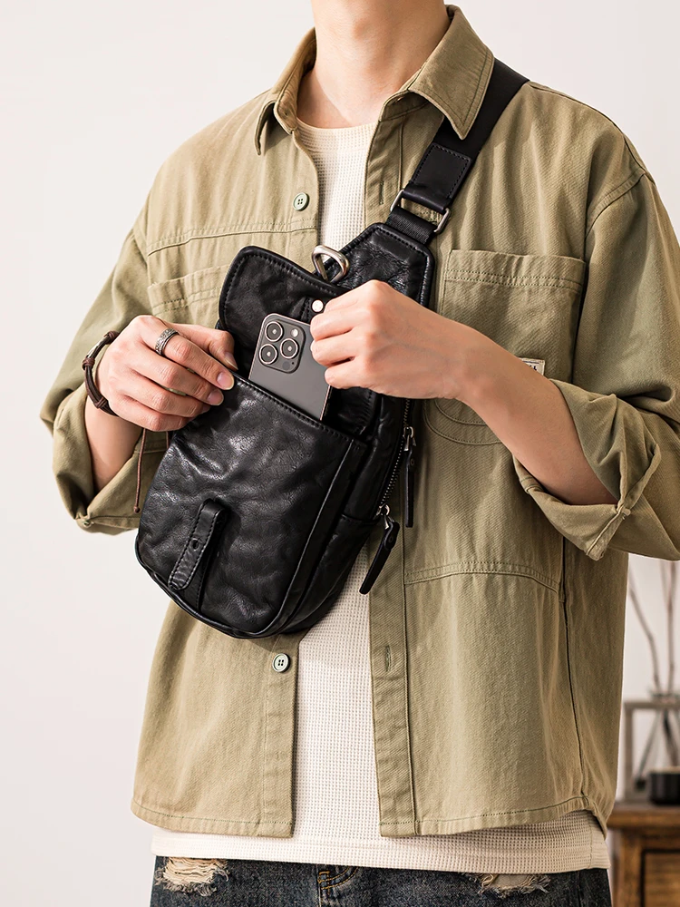 casual high-quality genuine leather men's sports chest bag outdoor weekend daily natural cow leather motorcycle crossbody bag