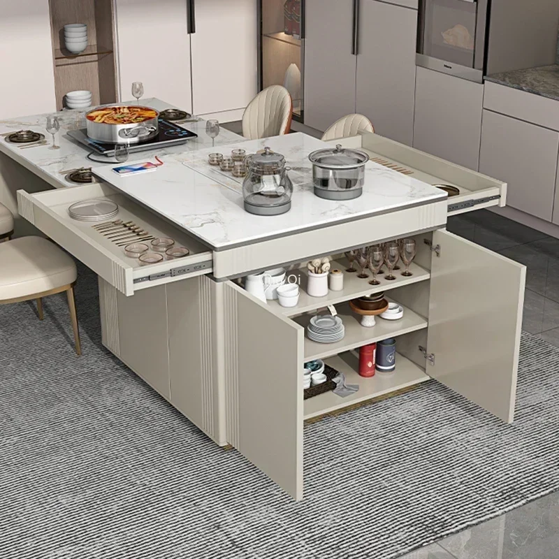 Moderne luxe rotsplaat eilandtafel met schaalbare eettafel uit één stuk