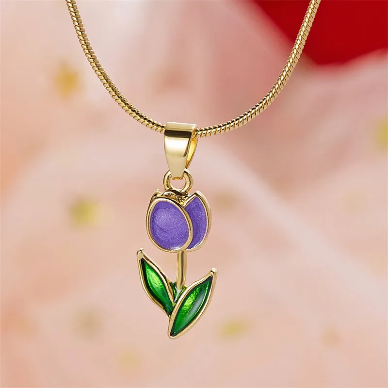 Vintage elegante Emaille-Halskette mit Tulpenblüten-Anhänger für Damen, modische Accessoires für junge Persönlichkeiten, Schlüsselbeinkette, Choker. – Detail 7