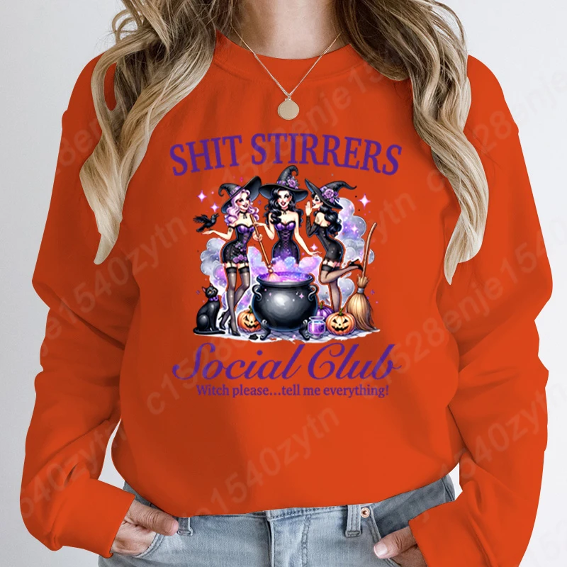 Sudaderas sin capucha de cuello redondo para mujer, jerséis de Color puro con estampado de Club Social, Stirrers de pesadilla de brujas de Halloween, Otoño e Invierno