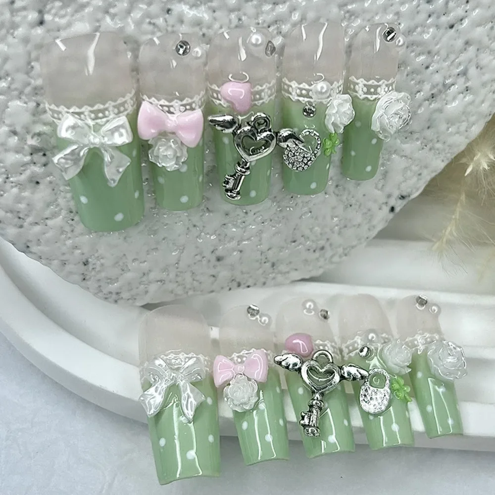 Y2K Vintage Gyaru French Lace Long Handmade Press On Nails Bow Pearl Polka Dot Clover Fake Nails Cute Mint Green Lolita Nail Art