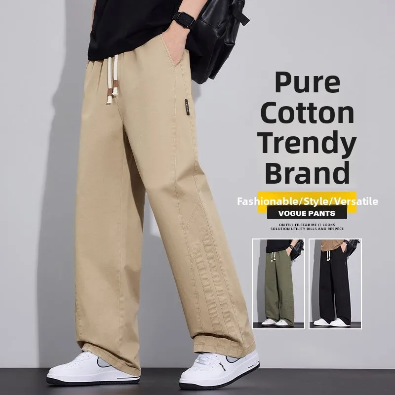 

Spring Summer New Loose Comfortable Casual Cotton Straight Leg Pants for Men Faionable High Waist Straight Cut Trousers