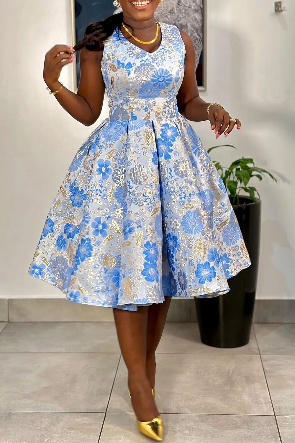 

Plus Size Wedding Guest Blue Elegant V Neck Pleated Jacquard Midi Dresses