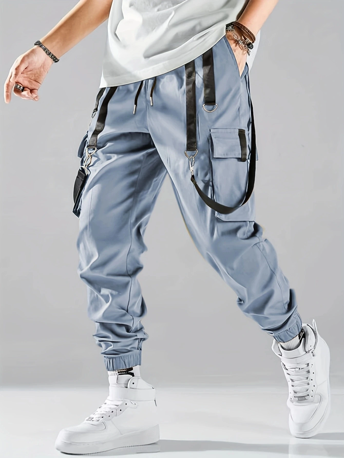 

Fashion Men's Casual Techwear Drawstring Multi Flap Pockets Cargo Pants Hip Hop Joggers Pant