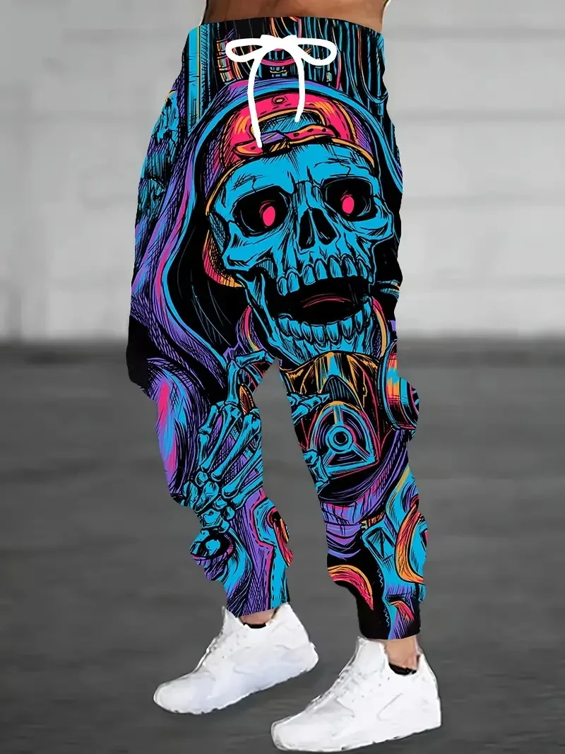 Skull Print New Colorful High-Quality Ice Silk Long Pants For Men\'s Slim Fit Elastic And Quick Drying Outdoor Running Pants ML4