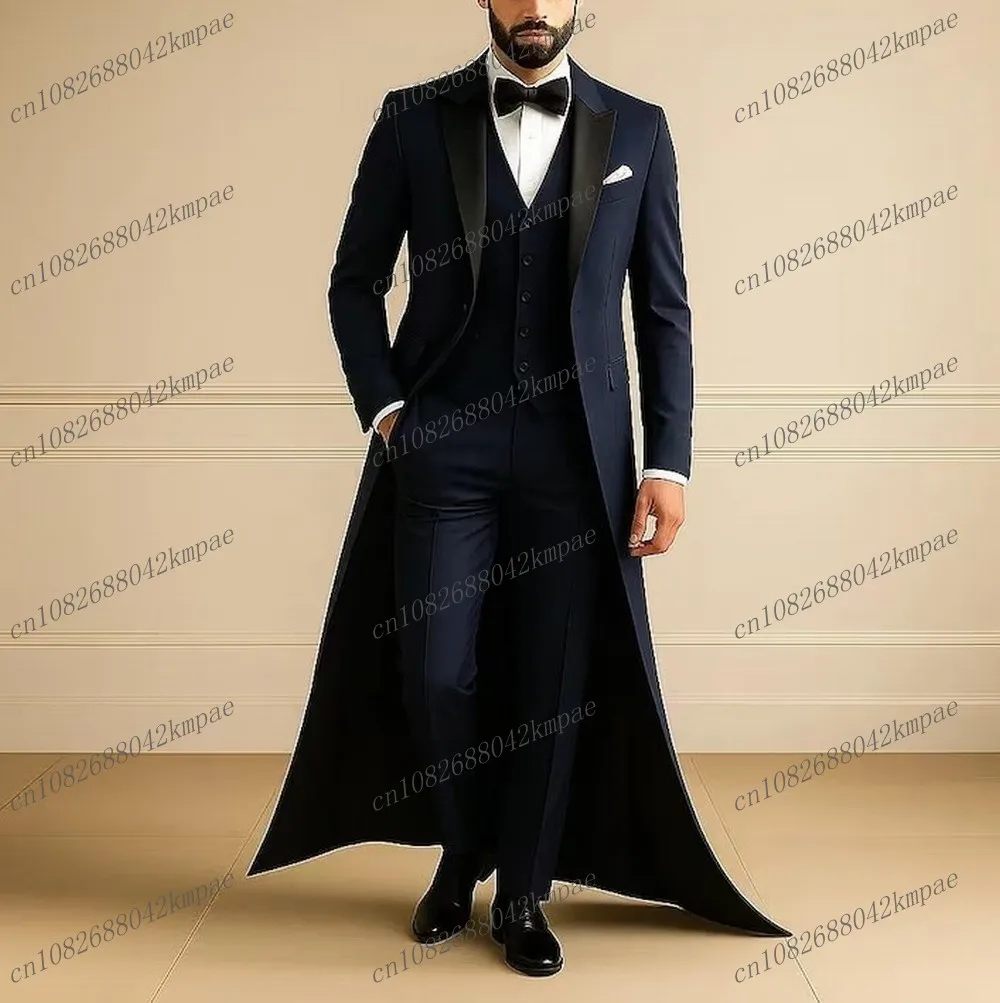 

Черный воротник Темно-синий длинный пиджак Деловой деловой мужской костюм Жених Свадебная вечеринка Выпускной Мужской смокинг 3-х предметный комплект Блейзер Жилет Брюки