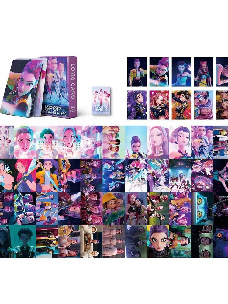 55 SZT. Karty Laserowe KPop Demon Hunters HUNTR/X Saja Boys Zdjęcia Karty LOMO Dwustronne Karty Kolekcjonerskie Wysokiej Rozdzielczości Prezent Zabawki