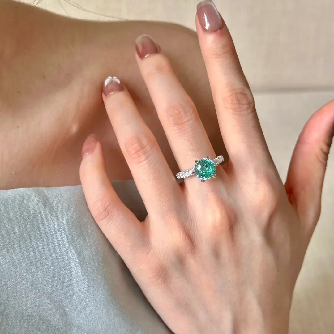Verlobungsschmuck - Grüner Mint-Verlobungsring - Luxuriöser und modischer 3-Karat Grüner Diamant Sterling Silber Ring mit Mikrofassung – Detail 7