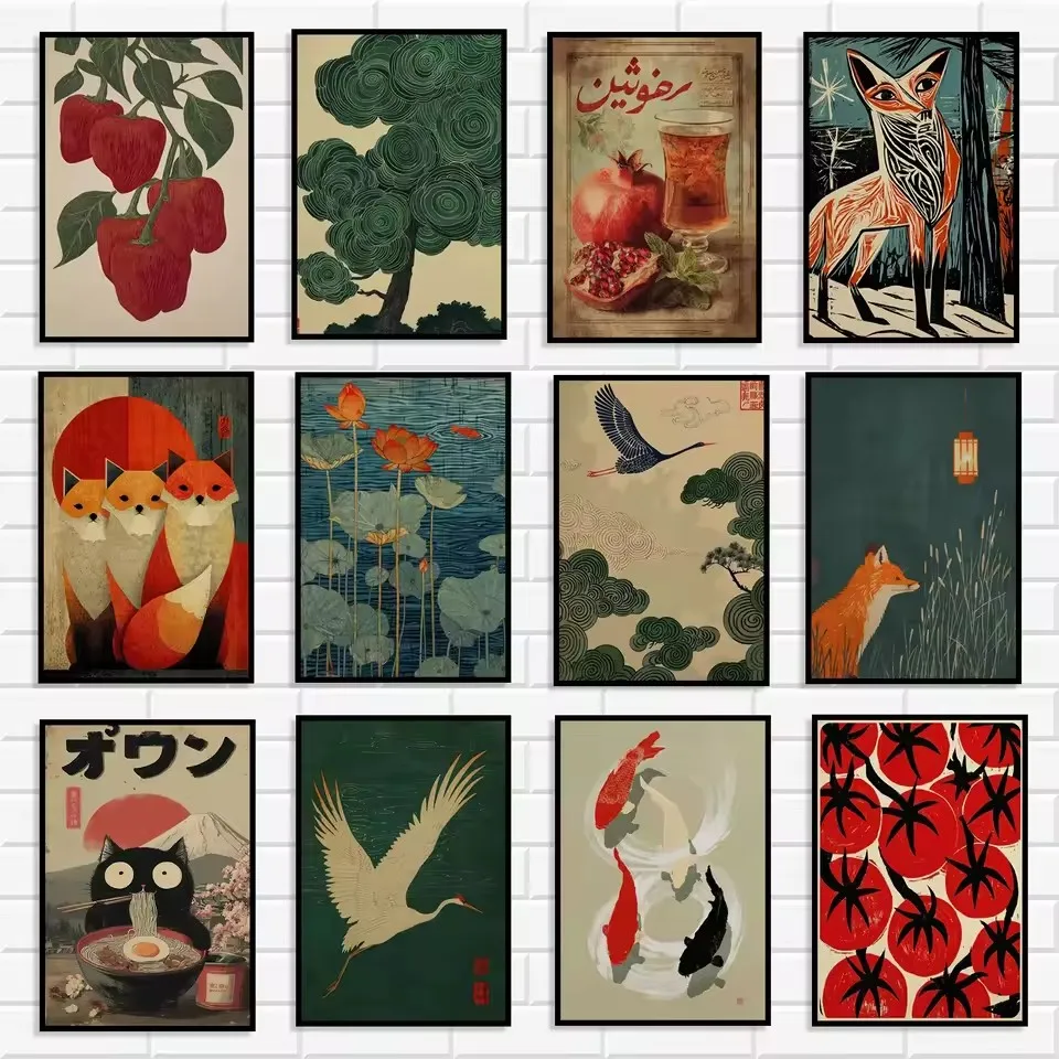 apanese Ukiyo-e Vintage Canvas Wall Art Set Fox Crane & Fruit Floral Print Retro Asian Aesthetic Poster for Room Home Decoration