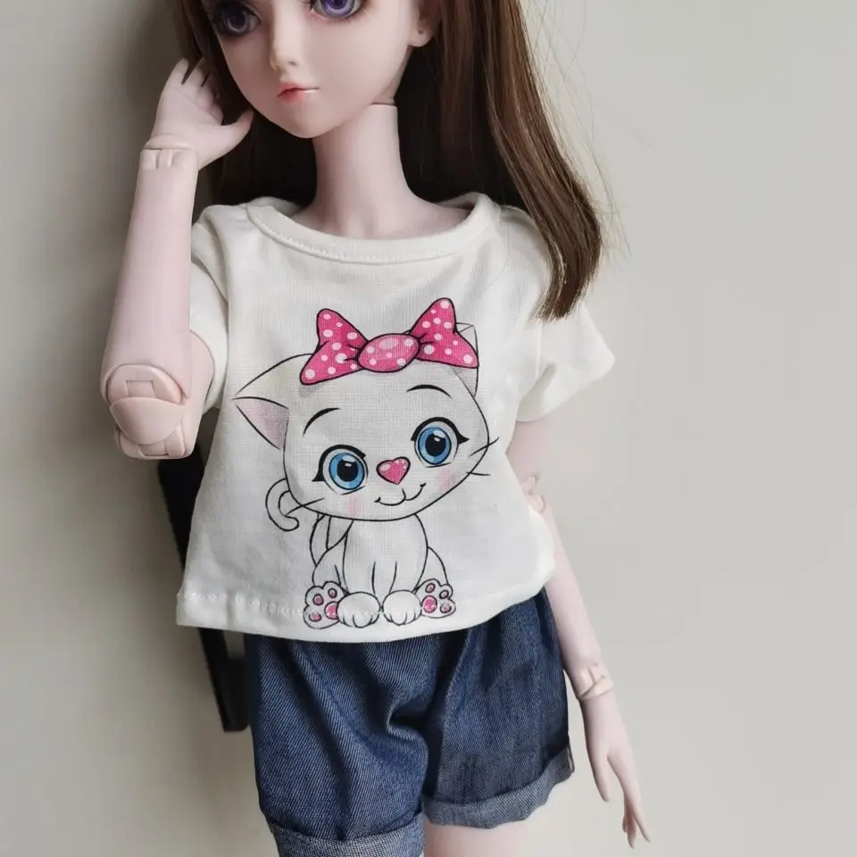 Mode Pop Accessoires 60Cm Poppenkleding Voor 1/3 Bjd Pop Kat Halve Mouwen Denim Short Kleding Top Diy Girl Verkleedspeelgoed