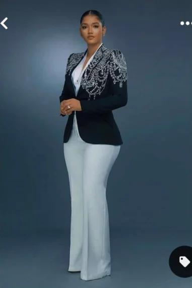 Elegant Women Crystal Beading Jacket Peaked Lapel Full Length 2 Pieces Set Slim Fit  Black Blazer & White Pants