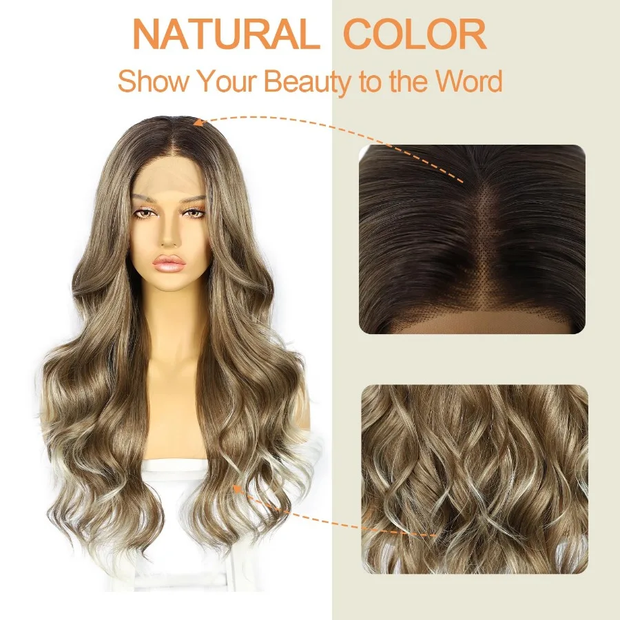 Longo corpo marrom ondulado perucas para mulher 13x4 peruca dianteira do laço sintético com pontas loiras cabelo onda natural para uso diário cosplay par