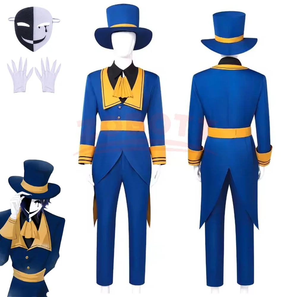 Game Circus Ticket Taker Cosplay Kostüm Tiefblau-Gelber Anzug Outfit Uniform Hut Maske Halloween Karneval