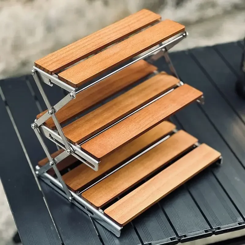

ABC Desktop foldable storage rack, solid wood camping portable multi-layer camping multifunctional picnic storage rack