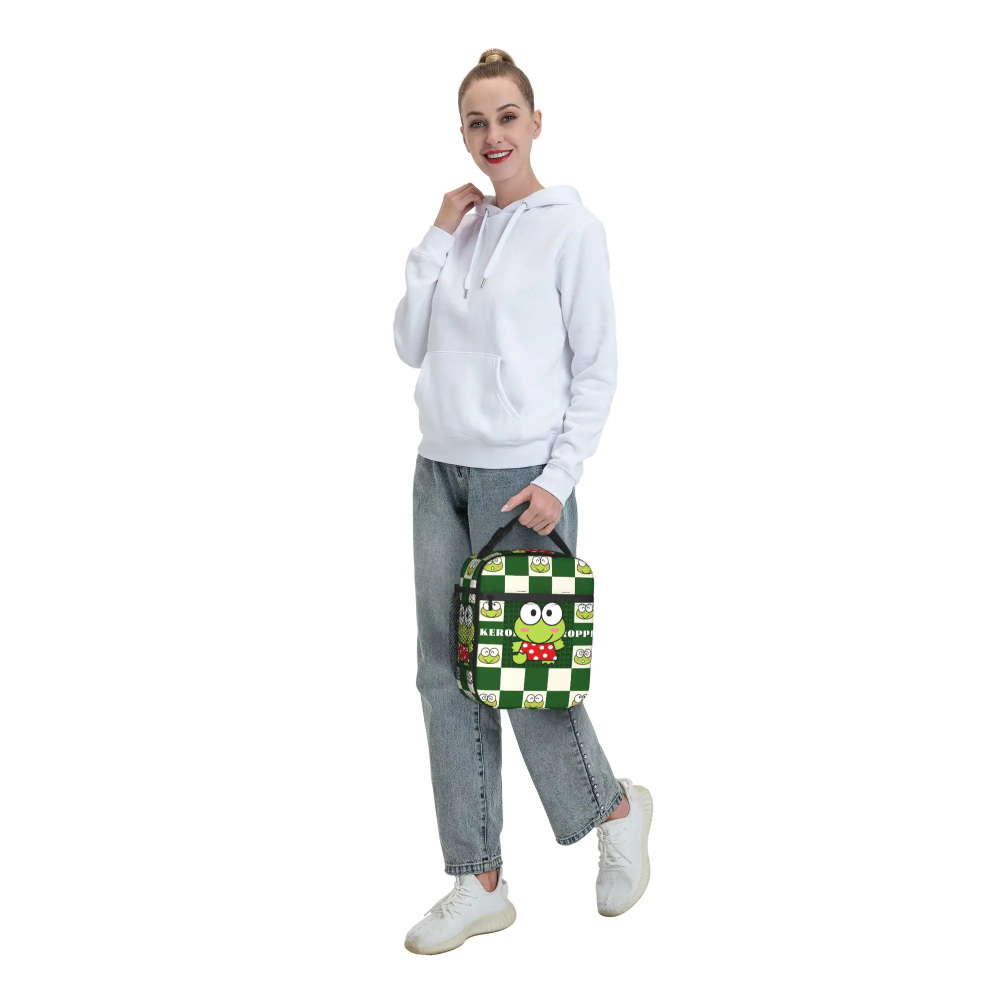 Keroppi Kerokero grüne Lunchtasche mit Cartoon-Charakter-Motiv für Unisex, bedruckt, für Picknick im Freien, modische tragbare Oxford-Kühltasche – Detail 8