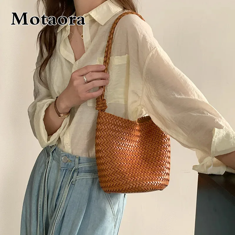 

MOTAORA Bucket Bag for Women Crossbody Cowhide Leather Hand Woven Slant Top Handbag with Phone Pocket New Design