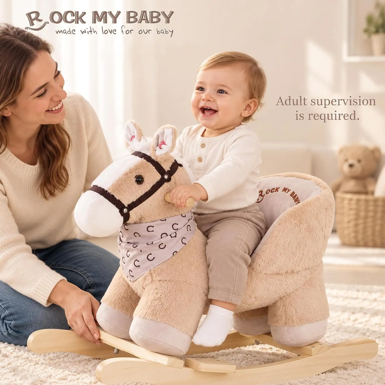 Wooden Plush Rocking Horse with Seat for Toddlers Ages 1-3, Ride-On Rocker with Realistic Sound, Caramel Horse Birthday Gift