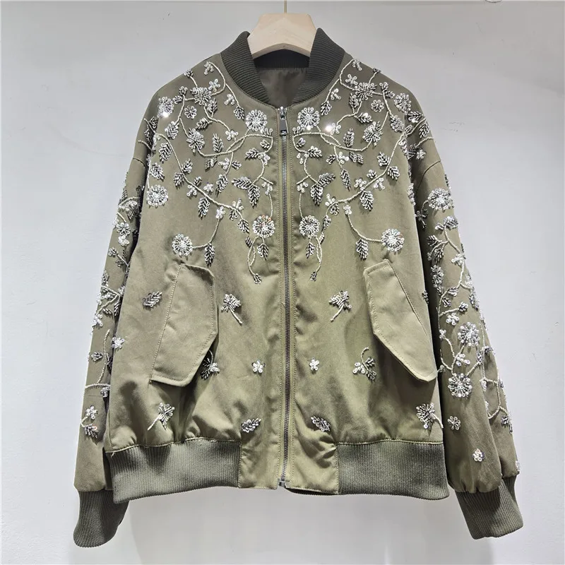 Jacket Women Embroidered Beads Coat Streetwear Zipper Stand Collar Jackets Female Outerwear Spring 2026 Moto Biker Overcoat