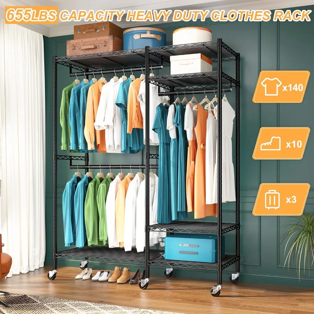 Heavy Duty Rolling Clothes Rack com rodas, Roupas Racks para pendurar roupas, Ajustável