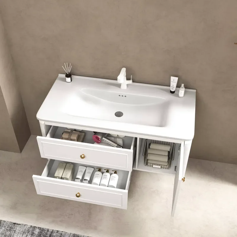 White Color Wall Mounted 18 MM PVC High-end LED Storage Cabinet Europe Style Wall Hung Bathroom Vanity With Smart Mirror