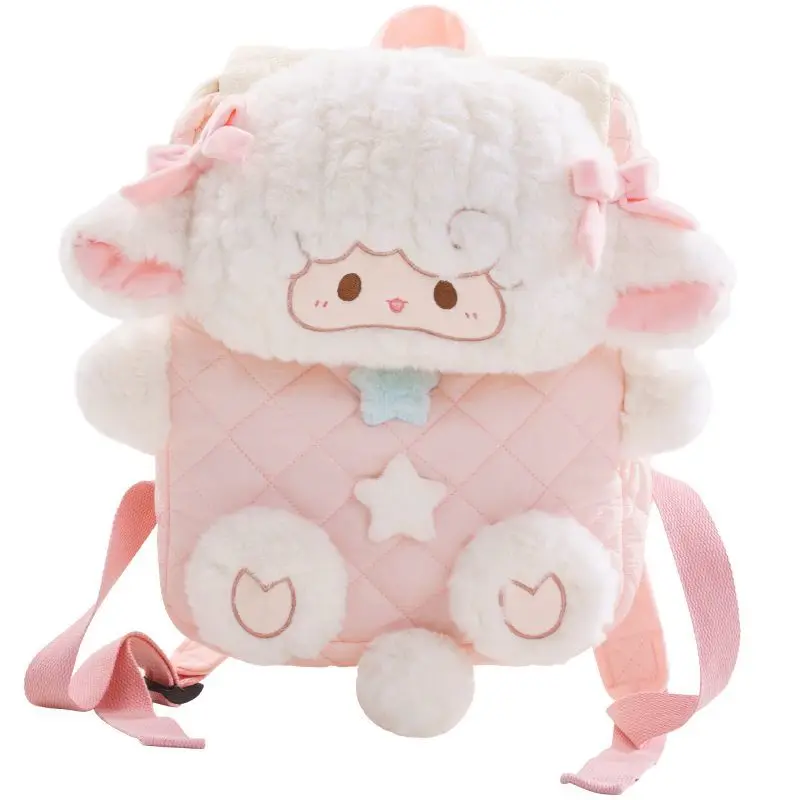 กระเป๋าเป้ JIAERDI ลายแกะน่ารัก สไตล์การ์ตูน ขนปุย จุของได้เยอะ เหมาะสำหรับนักเรียน ผู้หญิง สไตล์โลลิต้า พร้อมโบว์ ใช้ได้ทุกวัน