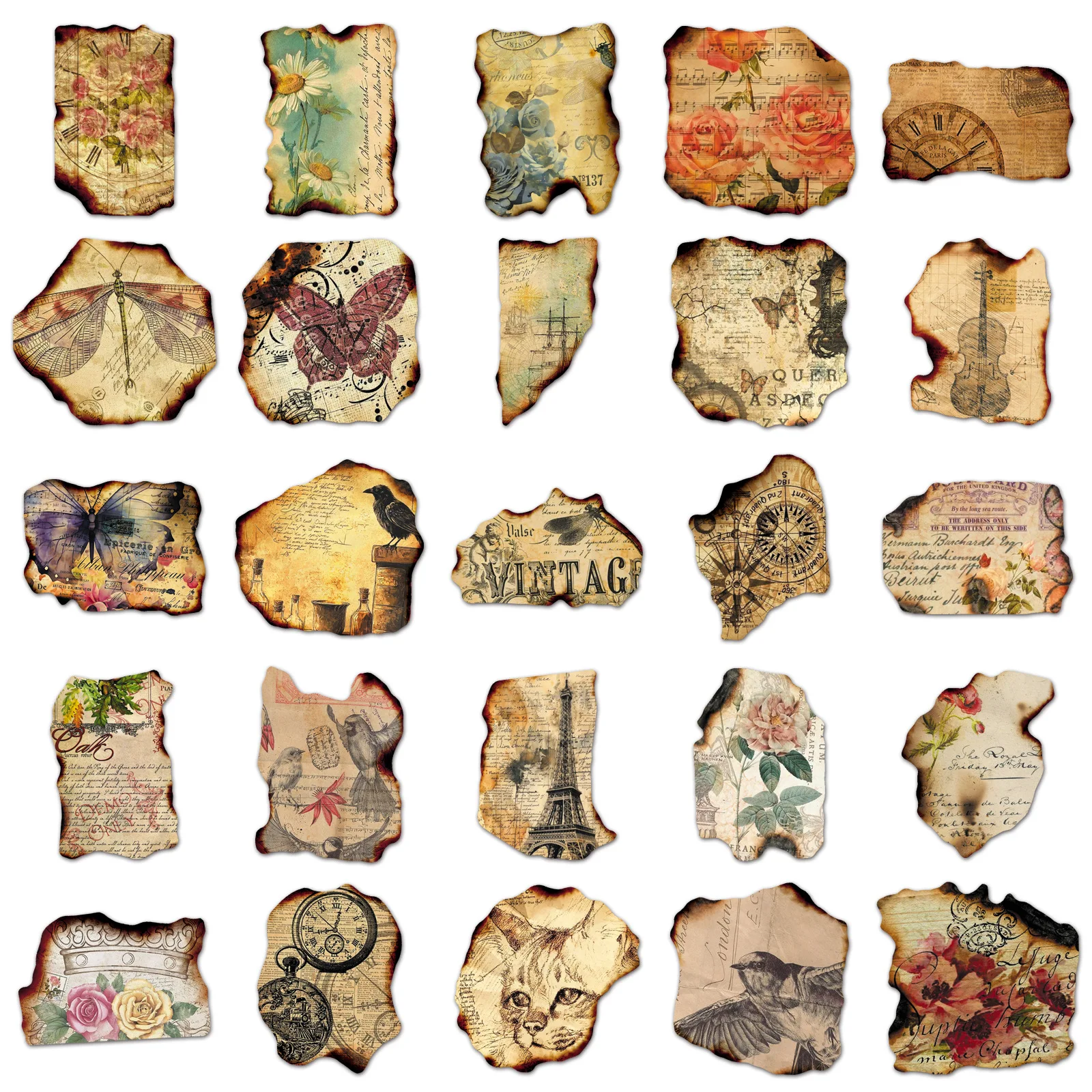 50/100PCS Retro Burning Trace Stickers Creative Paper Fragments Stationery DIY Notebook Stickers