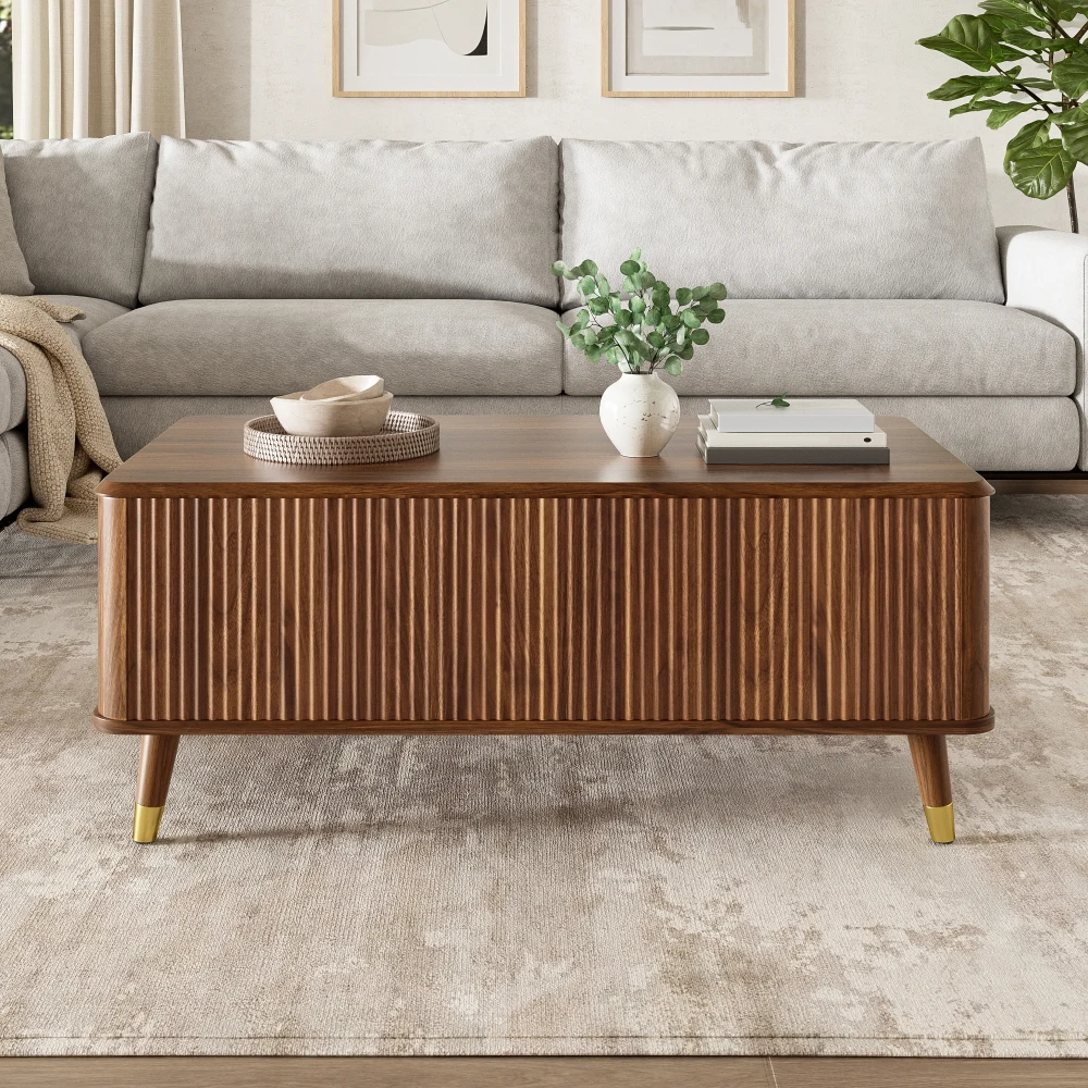 Tavolino da caffè con piano sollevabile, dimensioni 97x52x42 cm, design moderno e retrò, pannello ondulato, finitura in noce, gambe in legno massello, ampio vano contenitore nascosto, tavolino