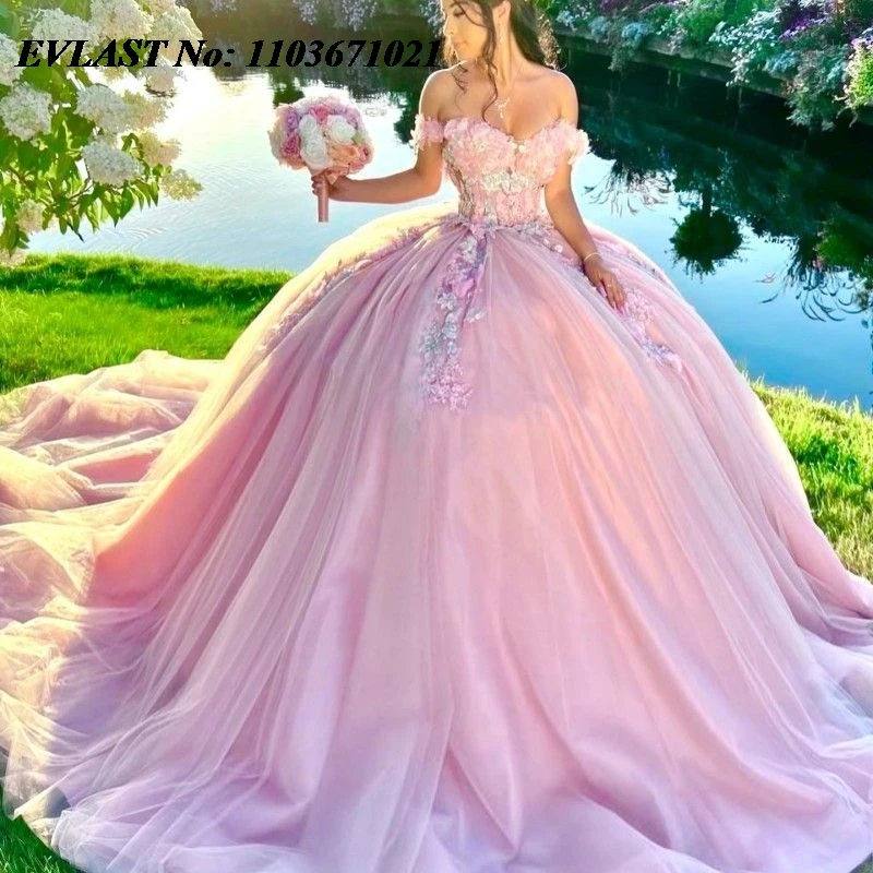 EVLAST-Robe de RhQuinceanera rose mexicaine, appliques de fleurs 3D, corset en cristal perlé, robe Sweet 16, SQ70, 15 Anos