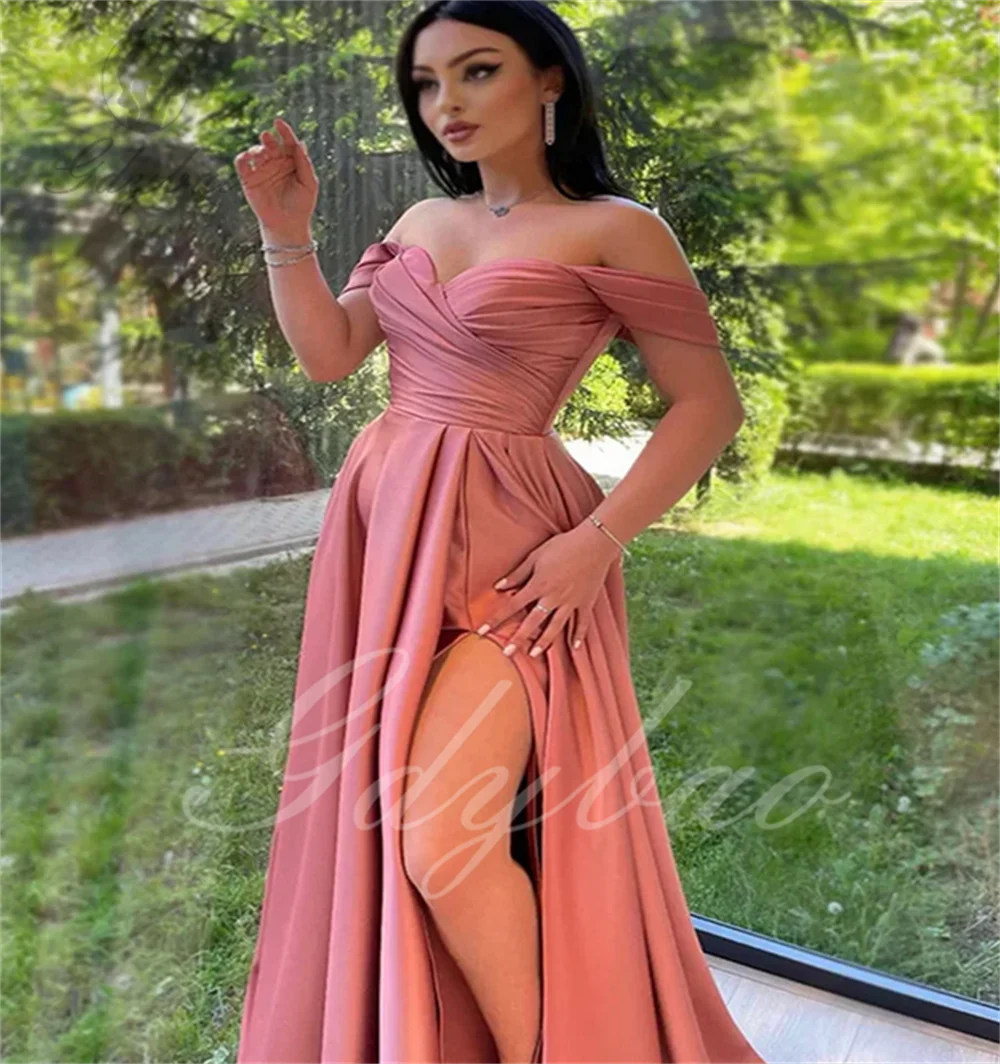 Short Sleeve Satin Ceremonial Dresses Solid Slim Waist A-line Side Gown Satin Sleeveless Evening Dresses Elegant Long Simple Pro