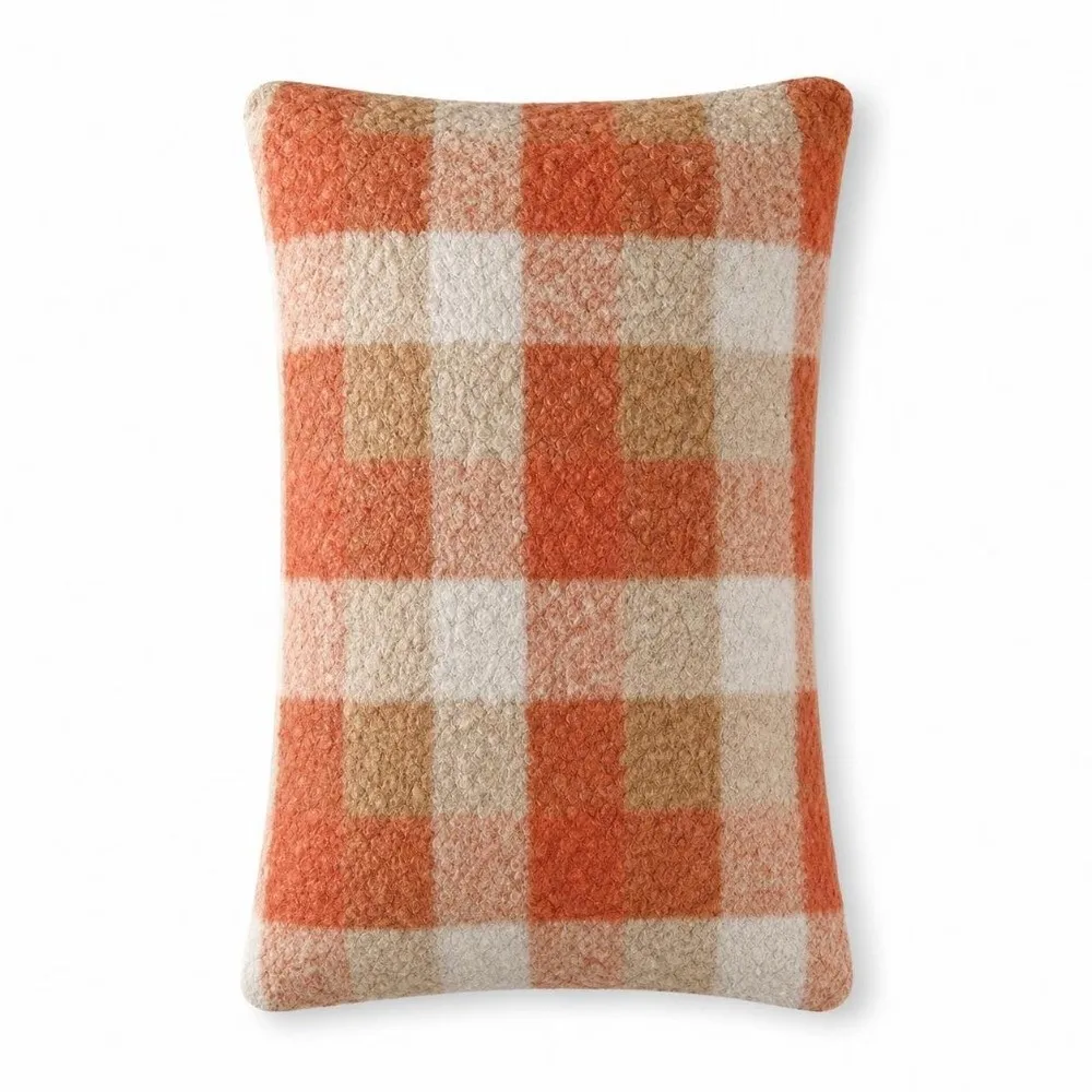 Plaid Pattern Plushie Pillow Covers 18x18 Inch Zipper Closure Boucle Pillowcase Orange Red Soft Throw Pillow Case Home Decor