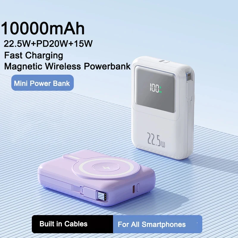 

Magnetic Wireless Power Bank 10000mAh Built in Cable 22.5W Fast Charging Powerbank for iPhone 12 14 iWatch Huawei Xiaomi Samsung