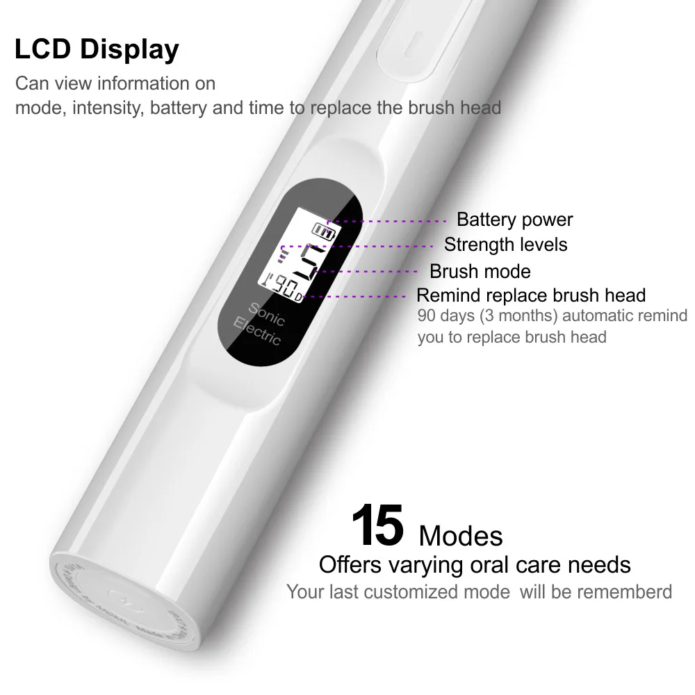 Choice Electric Sonic Toothbrush Rechargeable 60 Days Waterproof Cleansing Whitening Travel 5 Modes 3 Strength Black White