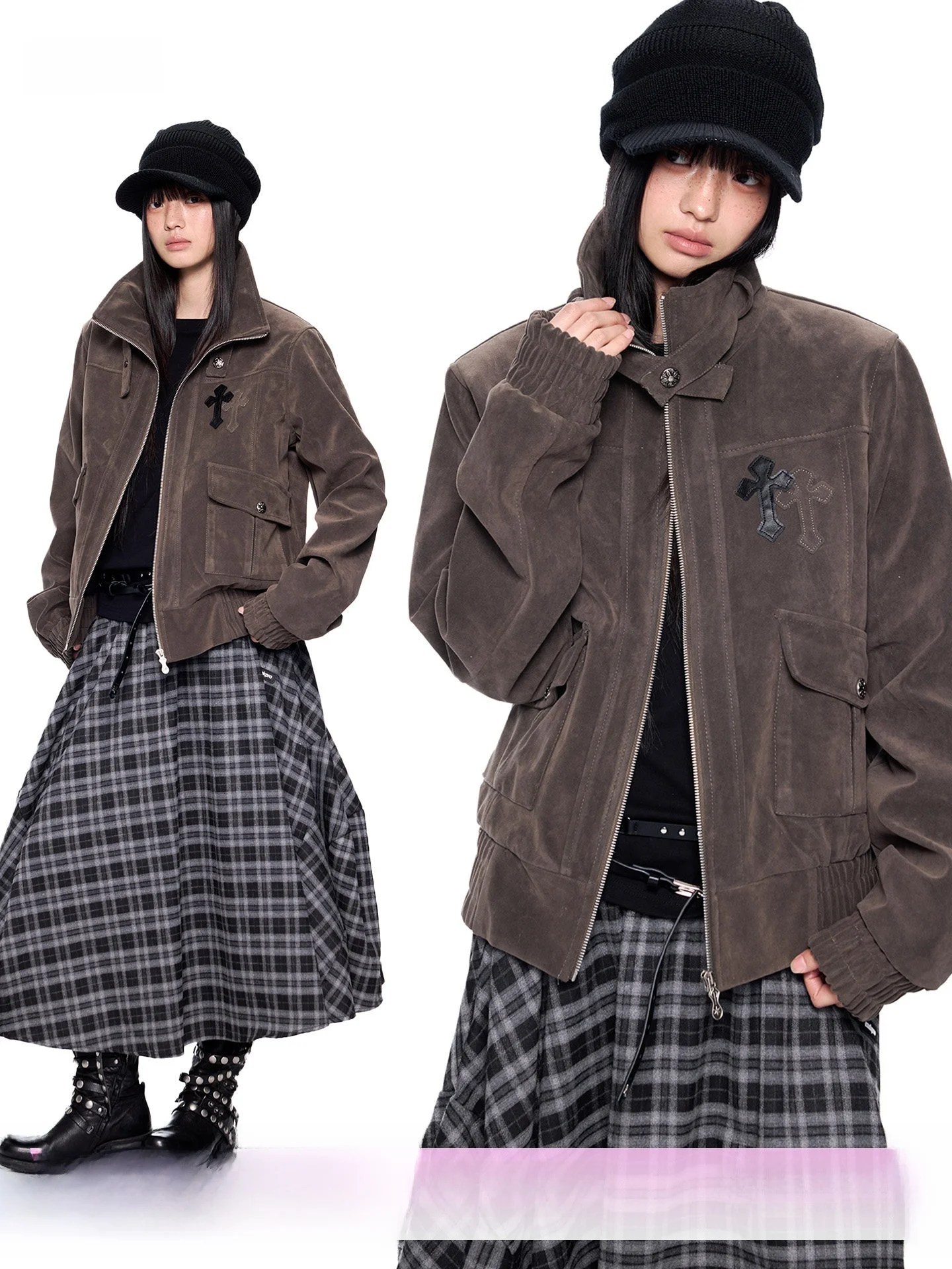 

Женская замшевая куртка EZEK свободного кроя с воротником-стойкой в стиле ретро, американский повседневный стиль, новинка весны, модная женская одежда...