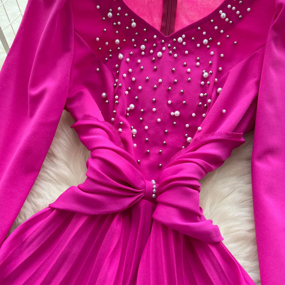 Chic vintage scollo a V strass increspato perline sottile elegante fata moda coreana Boho vestito estivo abbigliamento donna Abito lungo