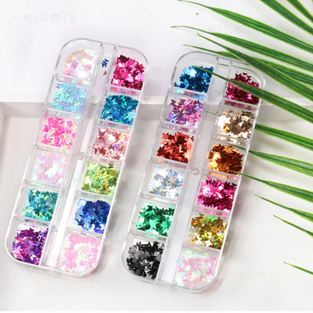 1 Box 12 Grids Holographic Nail Glitter Sequins Sparkly 3D Thin butterfly round stars geometric sequin Flakes Polish Decorations