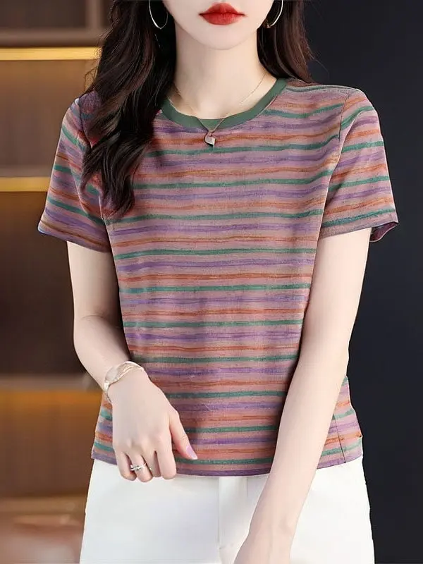 

Летняя шикарная свободная женская футболка в полоску с коротким рукавом, новинка 2026 года, повседневный универсальный топ для мам, из полиэстера, с V-образным вырезом