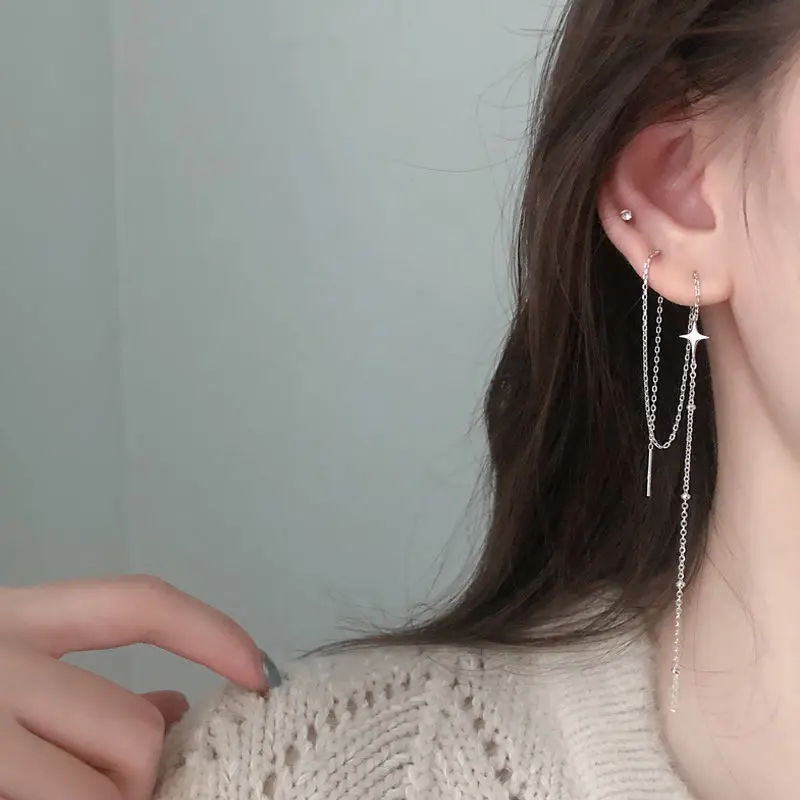 Women\'s Fashion Elegant Long Tassel Drop Earrings Cute Stars Thin Chain Piercing Earring Line Accessories Dangle Earring Jewelry