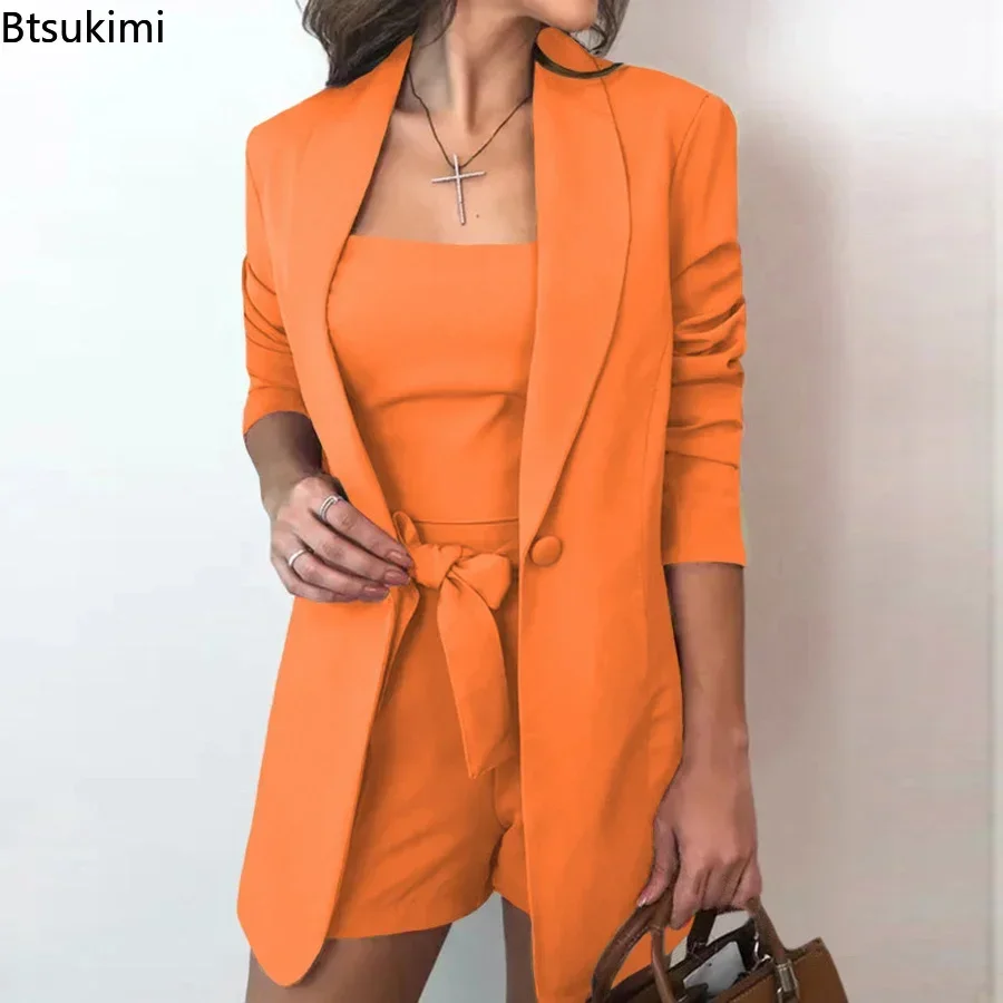 2024 Women Blazer Sets for Office Ladies OL Shorts Top Sets Solid Top & Blazer Coat & Shorts Sets Elegant 3 Piece Female Outfits