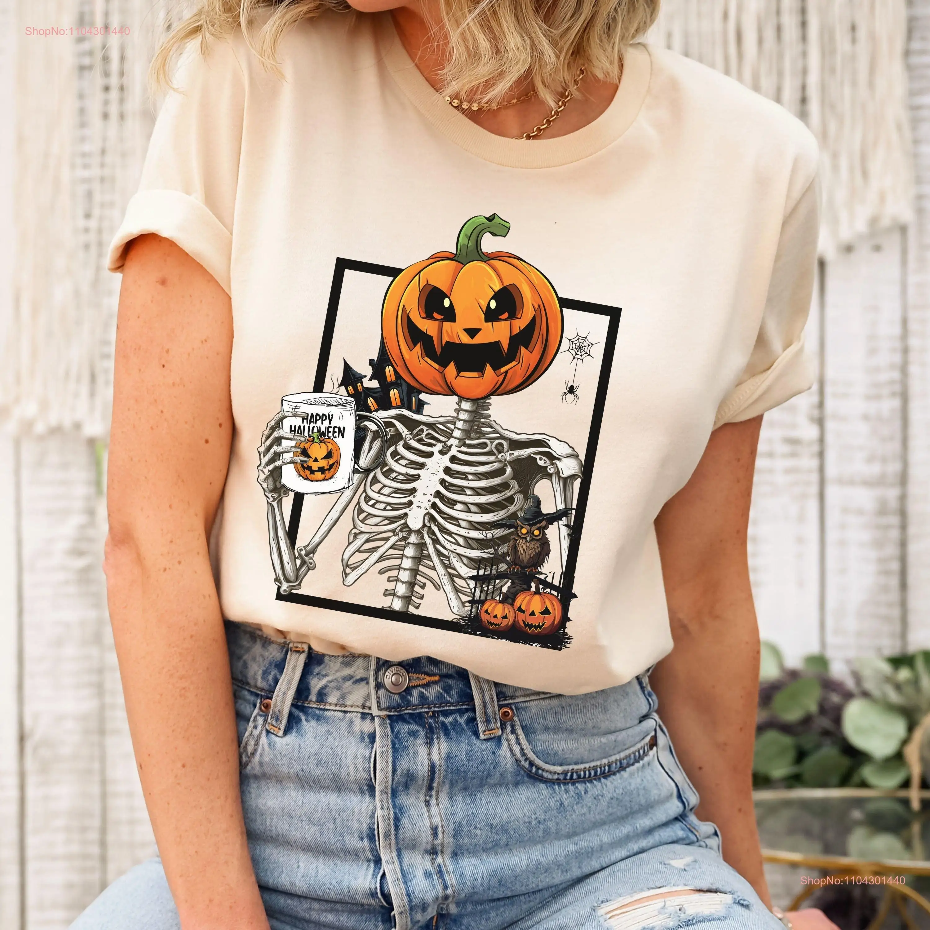 Skeleton pumpkin head shirt shirts halloween coffee Autumn funny Fall T long or short sleeves