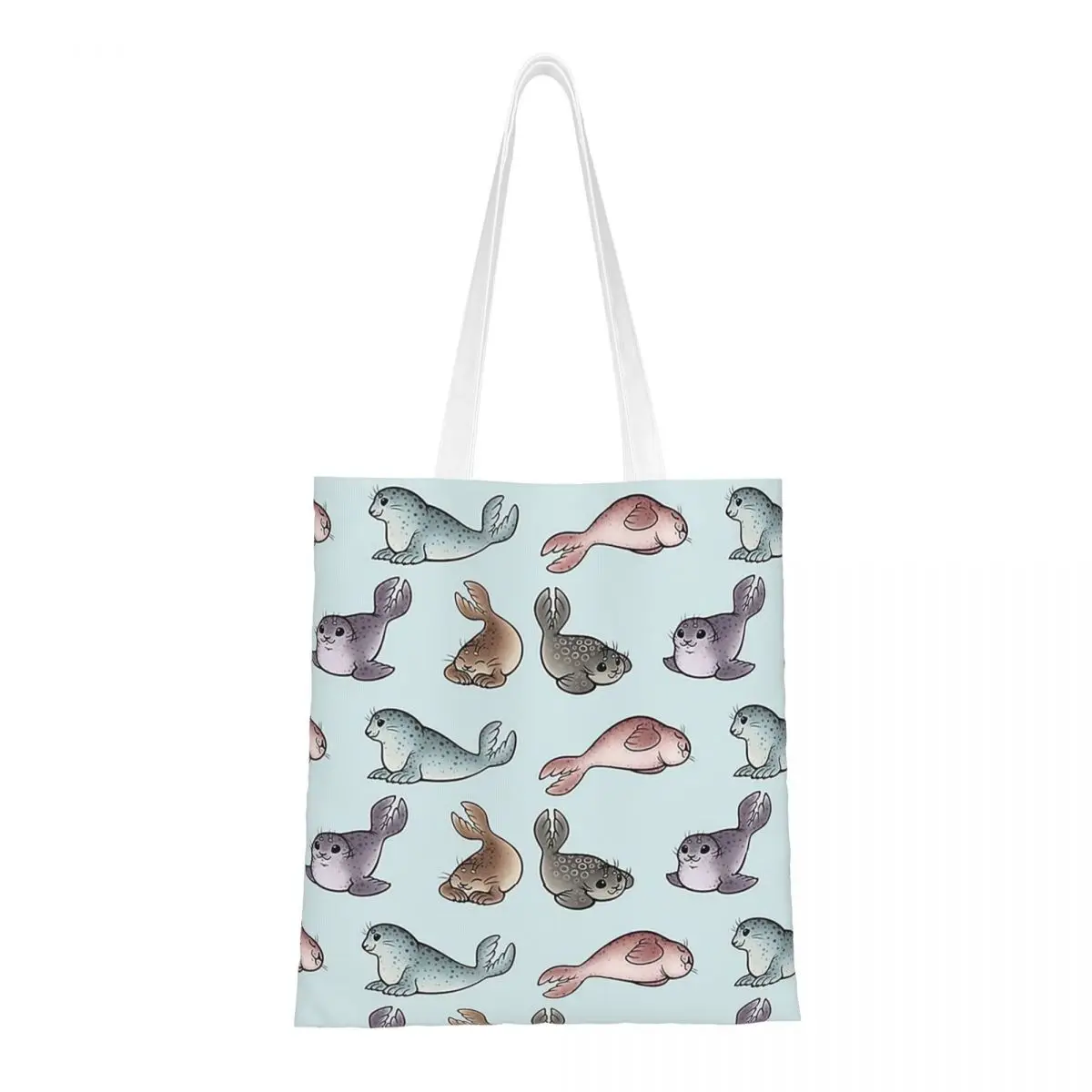 Little Seals Shopping Bags Women Canvas The Tote Bag Foldable Girls Shoulder Tote Travel Handbag
