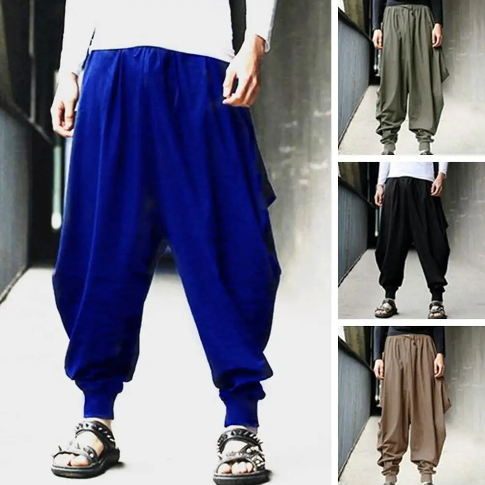 

Men Harem Pants Casual Drawstring Waist Baggy Trousers Cotton Loose Fit Drop Crotch Pants for Hippies Streetwear Beach